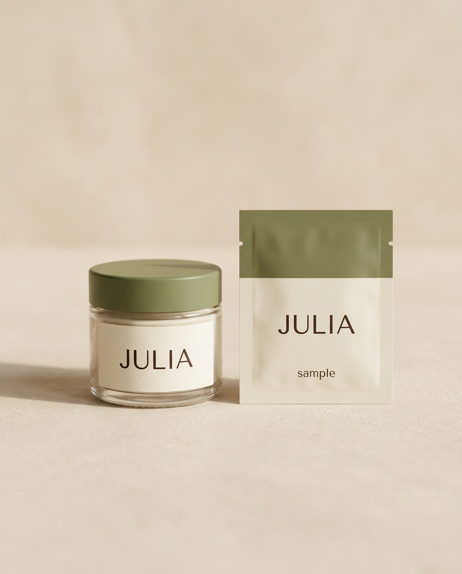 A small JULIA cream jar with an olive lid beside a sachet marked sample