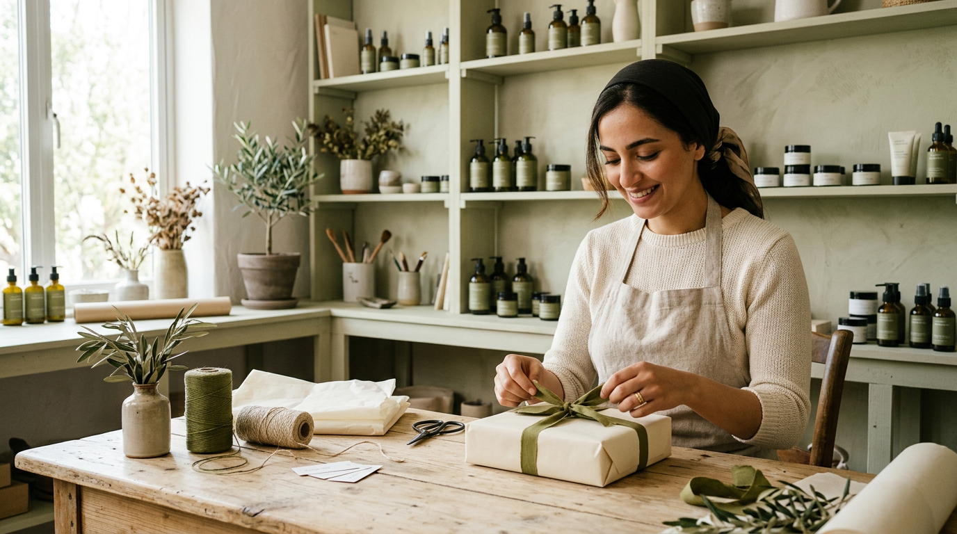 Generated illustration of a woman tying an olive ribbon around a parcel in a bright studio lined with bottles